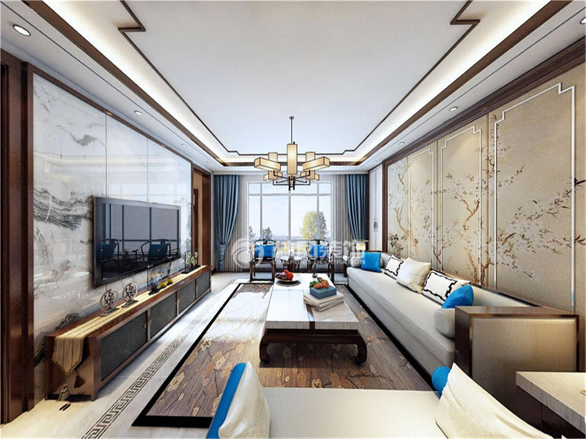 新中式風(fēng)格別墅客廳波導(dǎo)線設(shè)計(jì)裝修效果圖